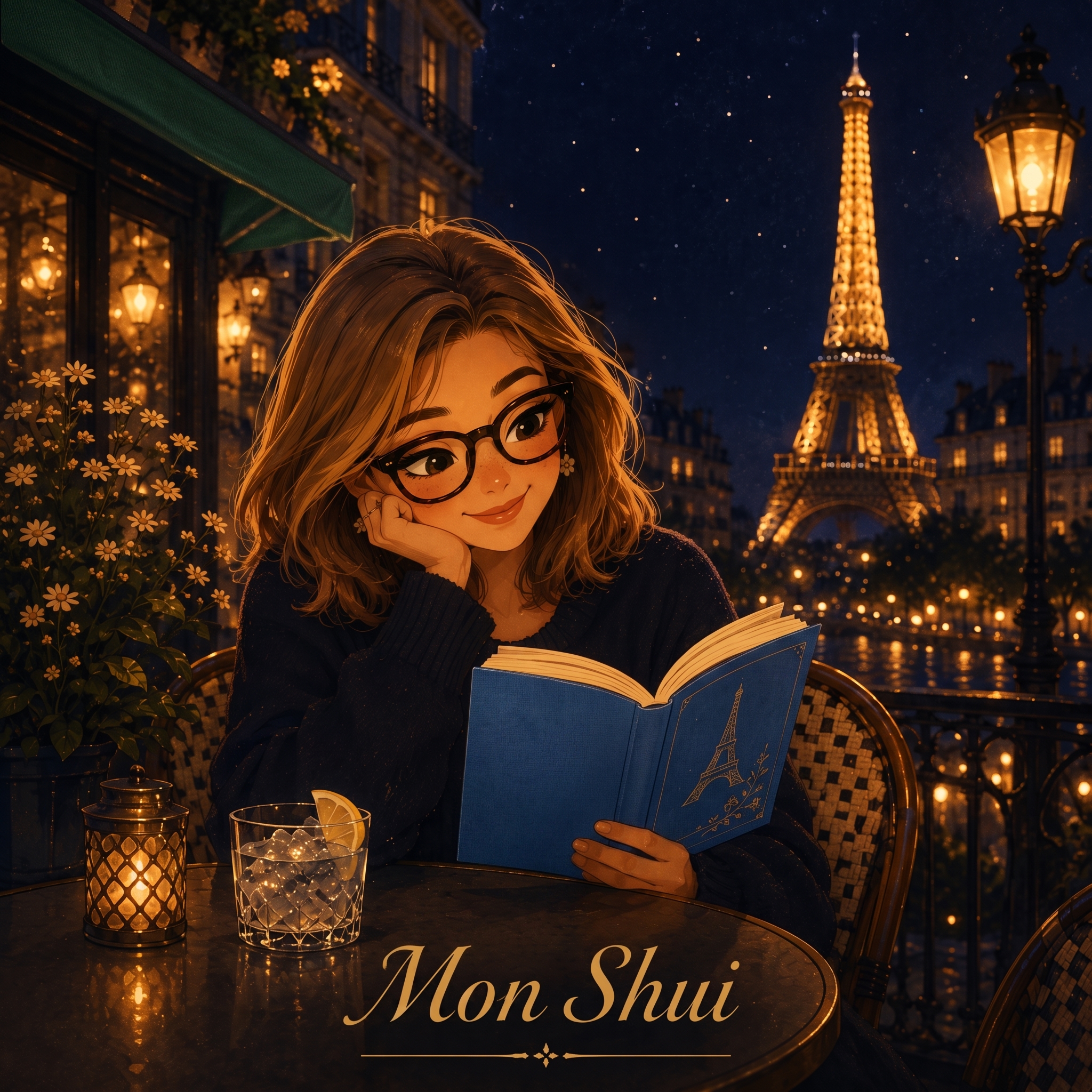 Mon Shui single cover art — an illustrated woman reading by candlelight on a Paris balcony with the Eiffel Tower lit in the background