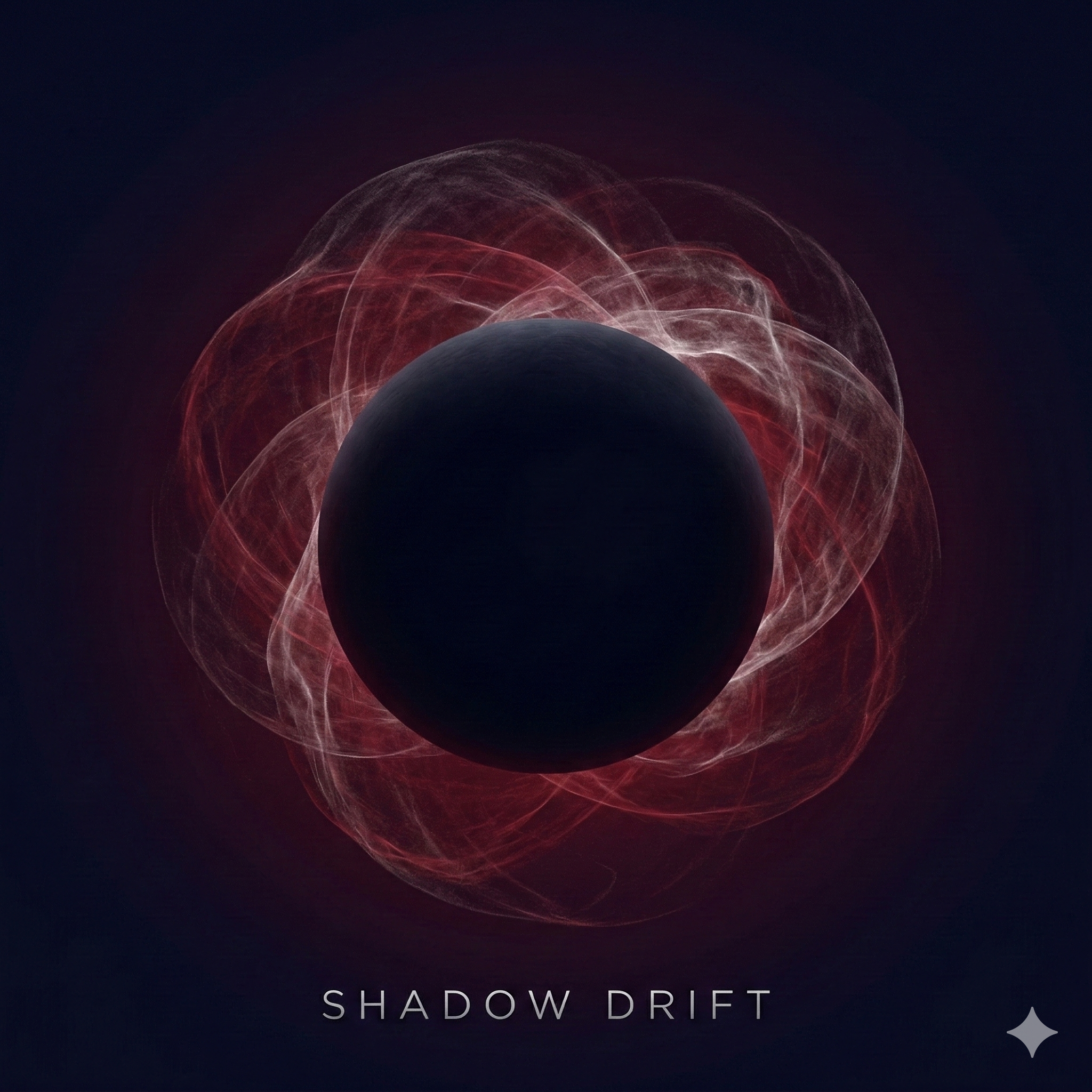 Shadow Drift single cover art — a dark sphere wrapped in glowing red wisps against a night-blue background