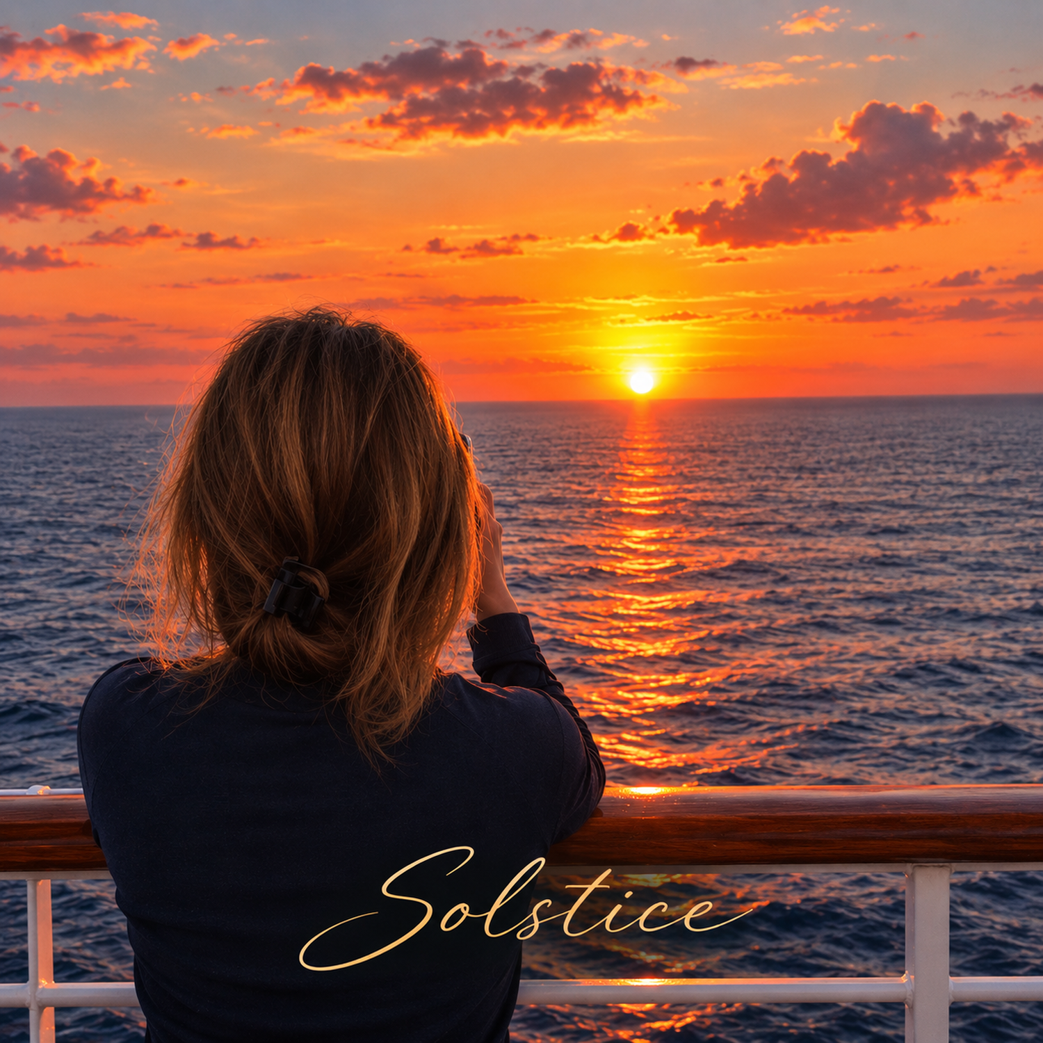 Solstice single cover art — a figure watching the sun set over the ocean from a ship's deck